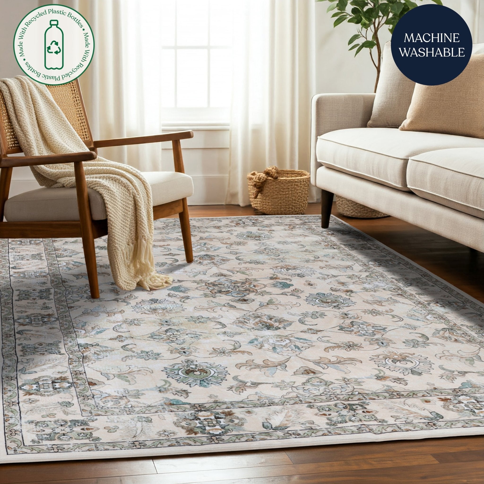 Ivory Bloom Machine Washable Rug - Delara